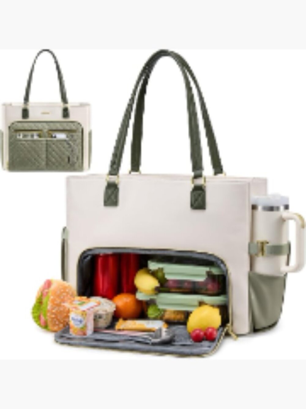 Work Tote with Insulated Lunch Compartment, 15.6 Inch Laptop Bag for Women, PU